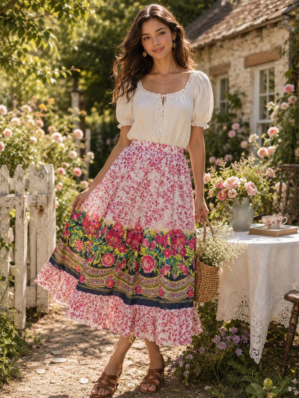 VTG Boho Floral Tiered Midi Skirt Cottagecore Festival Hippie Elastic Waist OS